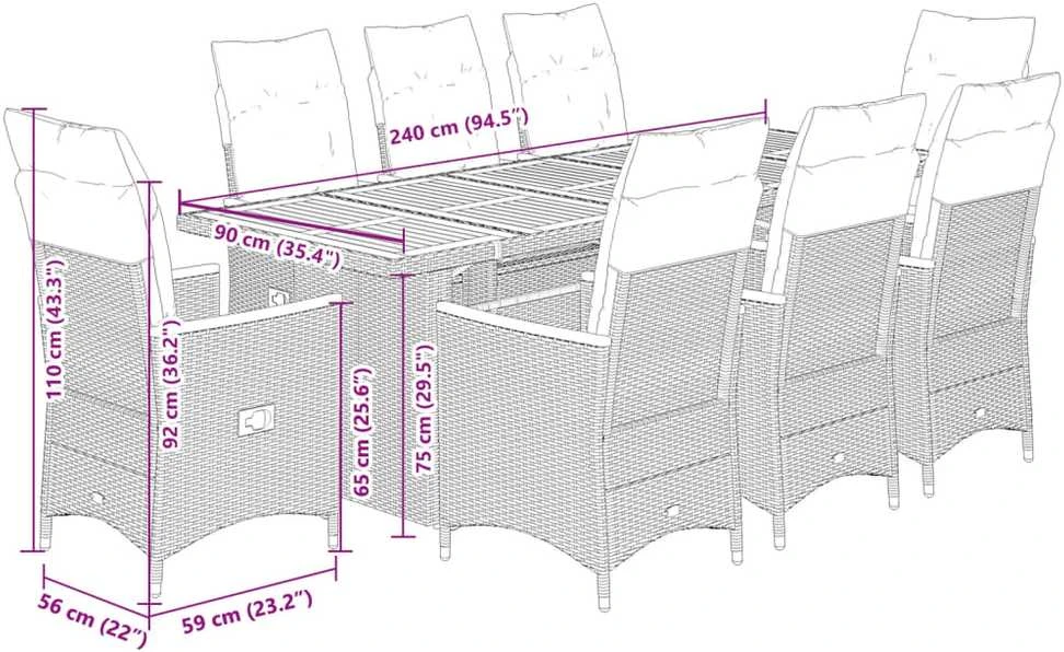Lauko baldų komplektas Bistro komplektas su pagalvėlėmis, 9 dalių, pilkas, poliratanas