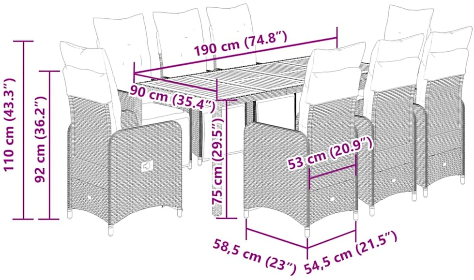 Bistro komplektas su pagalvėlėmis, 9 dalių, juodas, poliratanas