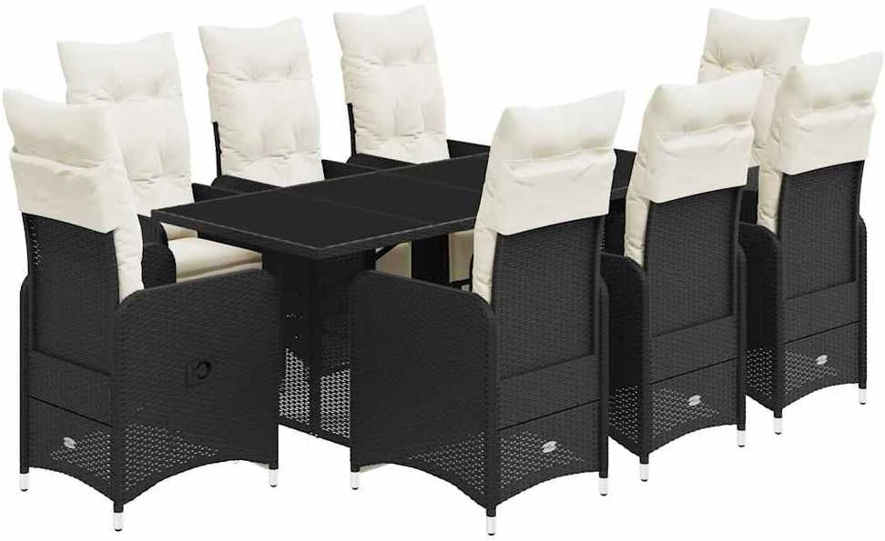 Bistro komplektas su pagalvėlėmis, 9 dalių, juodas, poliratanas