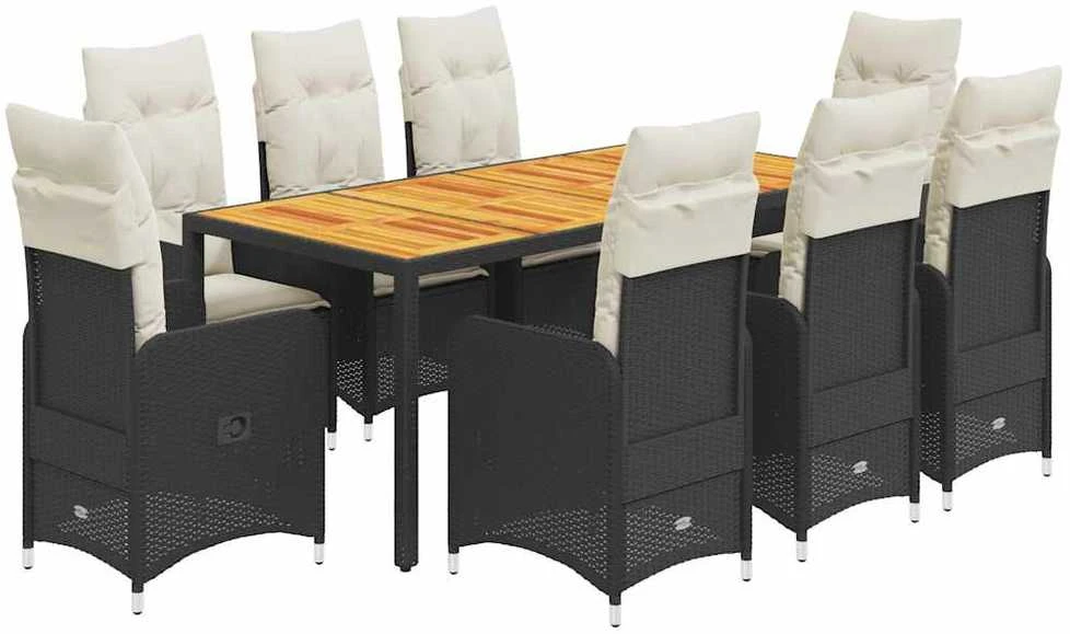 Lauko baldų komplektas Bistro komplektas su pagalvėlėmis, 9 dalių, juodas, poliratanas