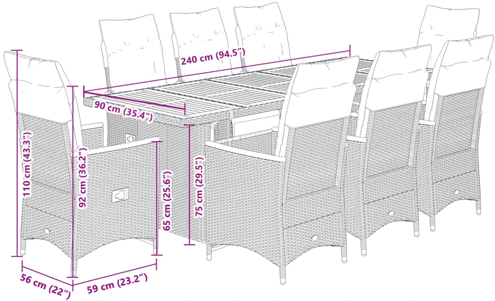 Lauko baldų komplektas Bistro komplektas su pagalvėlėmis, 9 dalių, pilkas, poliratanas