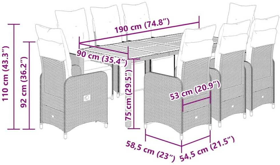 Bistro komplektas su pagalvėlėmis, 9 dalių, juodas, poliratanas