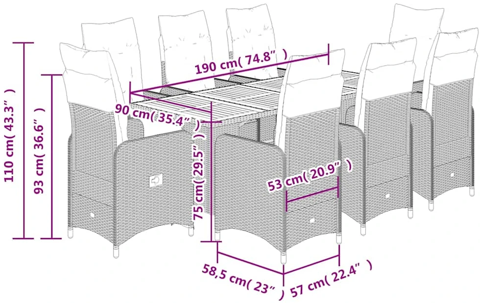 Sofa Bistro komplektas su pagalvėlėmis, 9 dalių, juodas, poliratanas