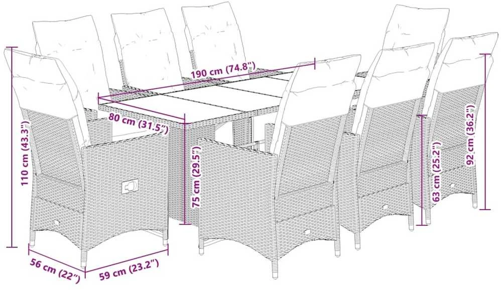 Bistro komplektas su pagalvėlėmis, 9 dalių, rudas, poliratanas
