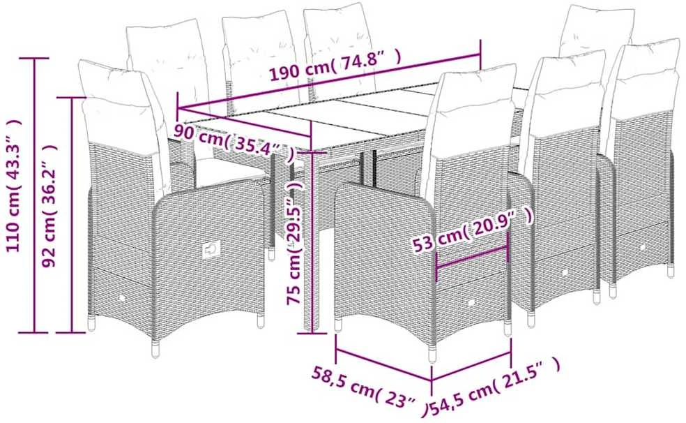 Bistro komplektas su pagalvėlėmis, 9 dalių, rudas, poliratanas