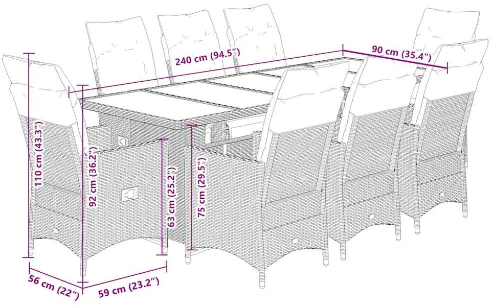 Lauko baldų komplektas Bistro komplektas su pagalvėlėmis, 9 dalių, pilkas, poliratanas
