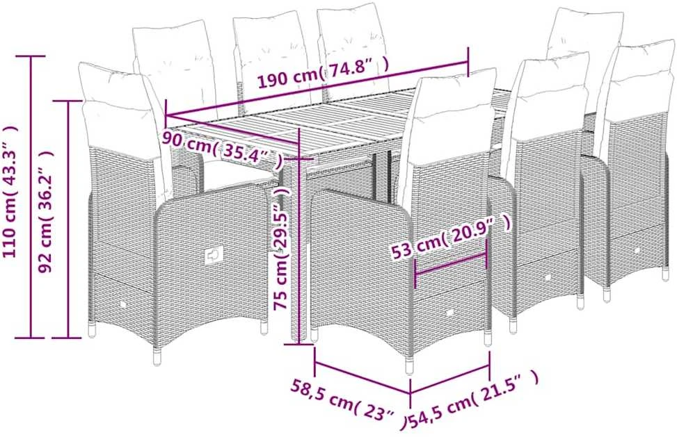 Bistro komplektas su pagalvėlėmis, 9 dalių, pilkas, poliratanas