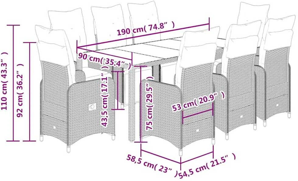 Bistro komplektas su pagalvėlėmis, 9 dalių, pilkas, poliratanas