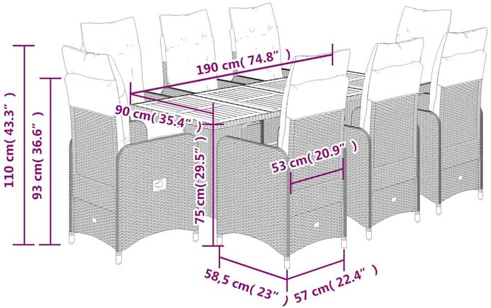 Bistro komplektas su pagalvėlėmis, 9 dalių, juodas, poliratanas
