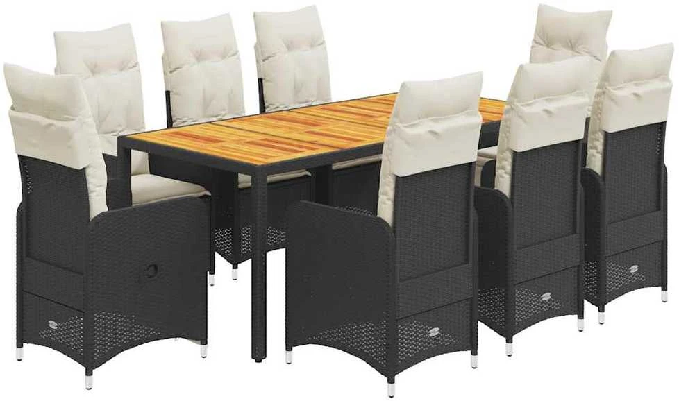 Lauko baldų komplektas Bistro komplektas su pagalvėlėmis, 9 dalių, juodas, poliratanas