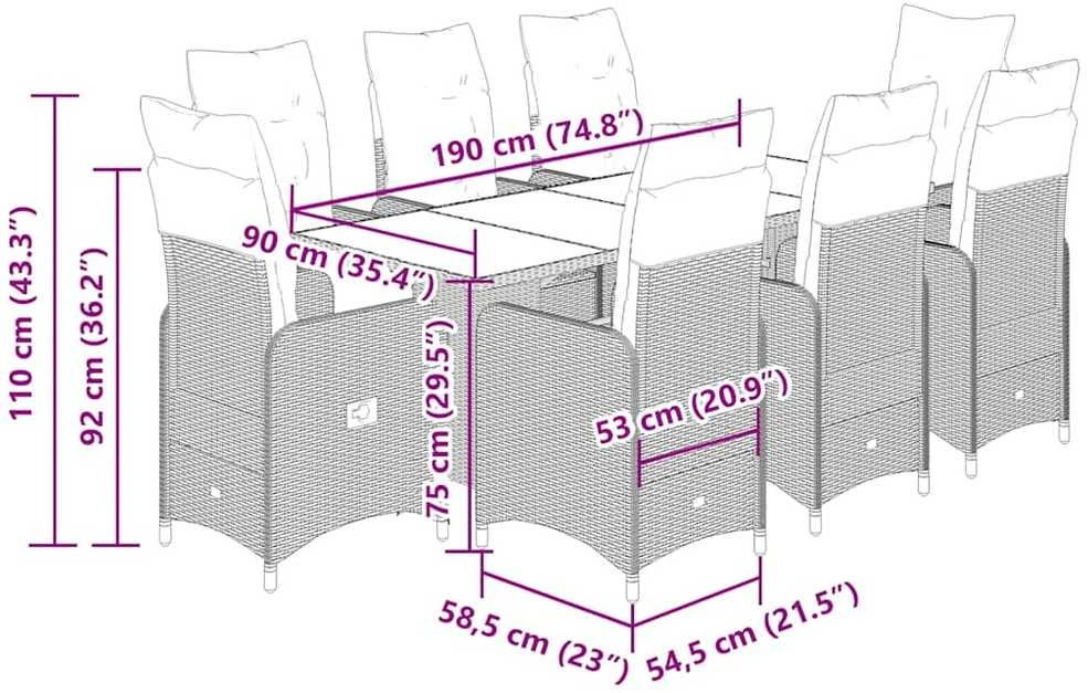 Bistro komplektas su pagalvėlėmis, 9 dalių, pilkas, poliratanas