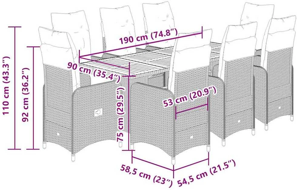 Bistro komplektas su pagalvėlėmis, 9 dalių, pilkas, poliratanas