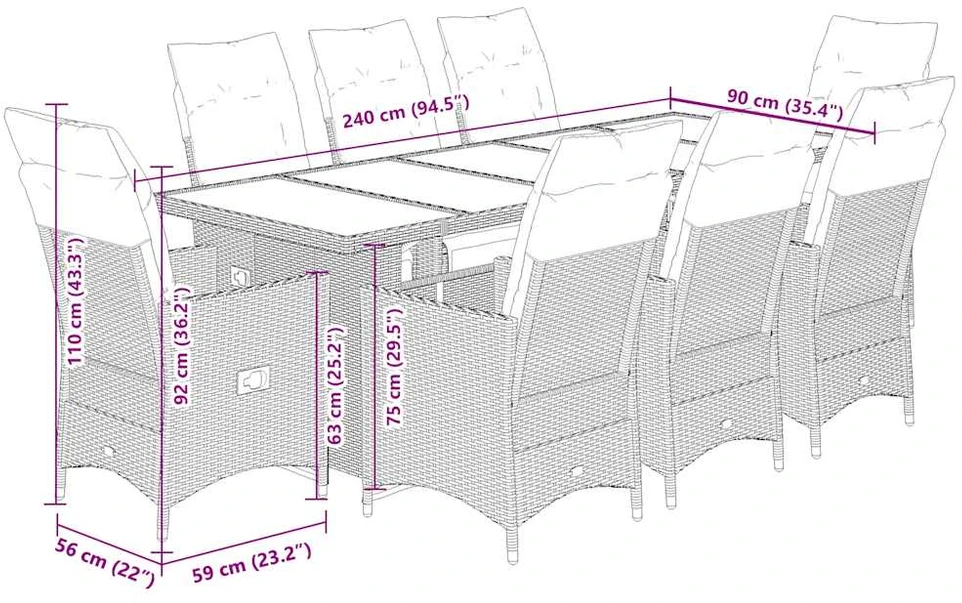 Lauko baldų komplektas Bistro komplektas su pagalvėlėmis, 9 dalių, juodas, poliratanas