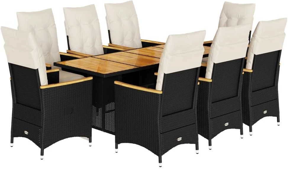 Lauko baldų komplektas Bistro komplektas su pagalvėlėmis, 9 dalių, juodas, poliratanas