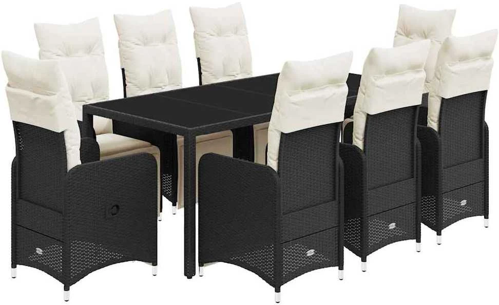 Bistro komplektas su pagalvėlėmis, 9 dalių, juodas, poliratanas