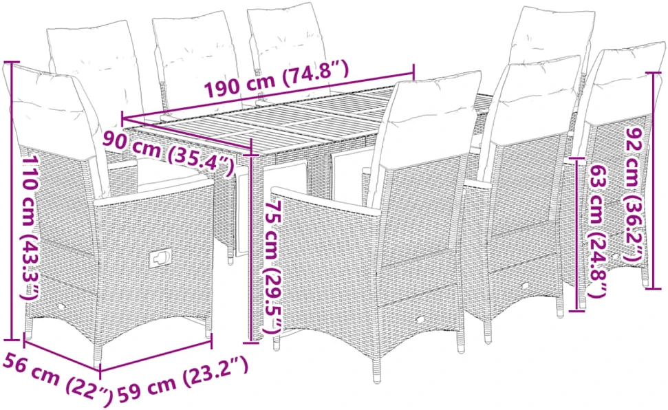 Lauko baldų komplektas Bistro komplektas su pagalvėlėmis, 9 dalių, juodas, poliratanas