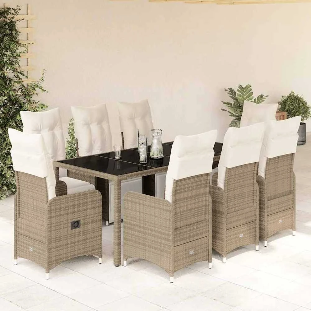 Bistro komplektas su pagalvėlėmis, 9 dalių, rudas, poliratanas