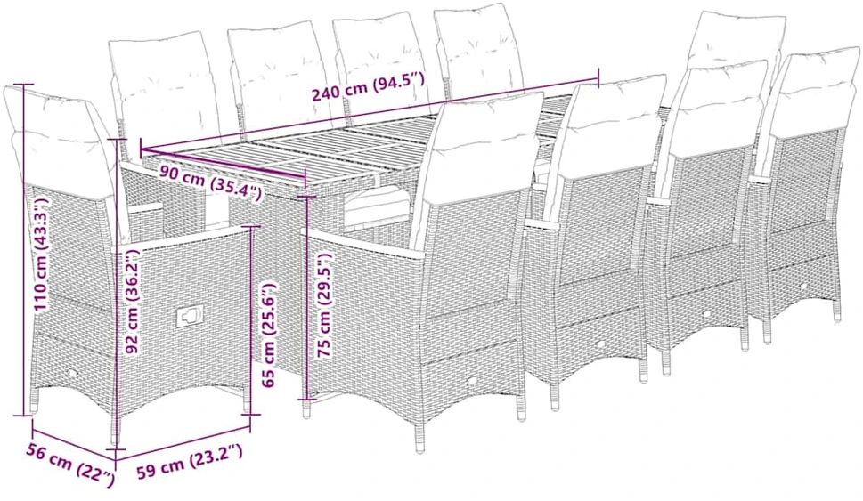 Lauko baldų komplektas Bistro komplektas su pagalvėmis, 11 dalių, juodas, poliratanas