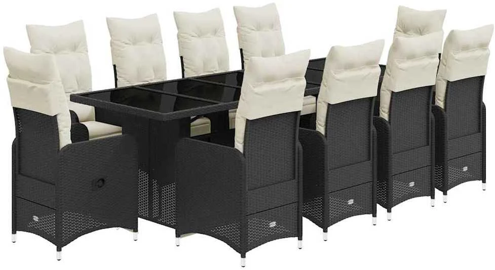 Bistro komplektas su pagalvėmis, 11 dalių, juodas, poliratanas