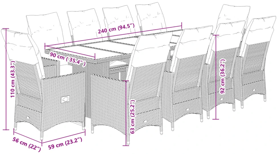 Lauko baldų komplektas Bistro komplektas su pagalvėmis, 11 dalių, juodas, poliratanas