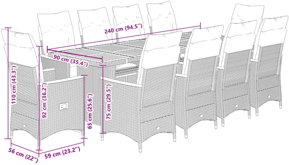 Lauko baldų komplektas Bistro komplektas su pagalvėmis, 11 dalių, pilkas, poliratanas