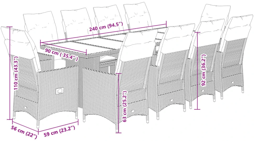 Lauko baldų komplektas Bistro komplektas su pagalvėmis, 11 dalių, juodas, poliratanas