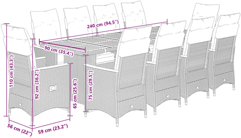 Lauko baldų komplektas Bistro komplektas su pagalvėmis, 11 dalių, pilkas, poliratanas