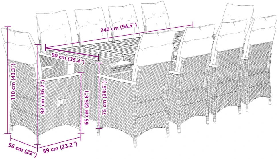 Lauko baldų komplektas Bistro komplektas su pagalvėmis, 11 dalių, juodas, poliratanas