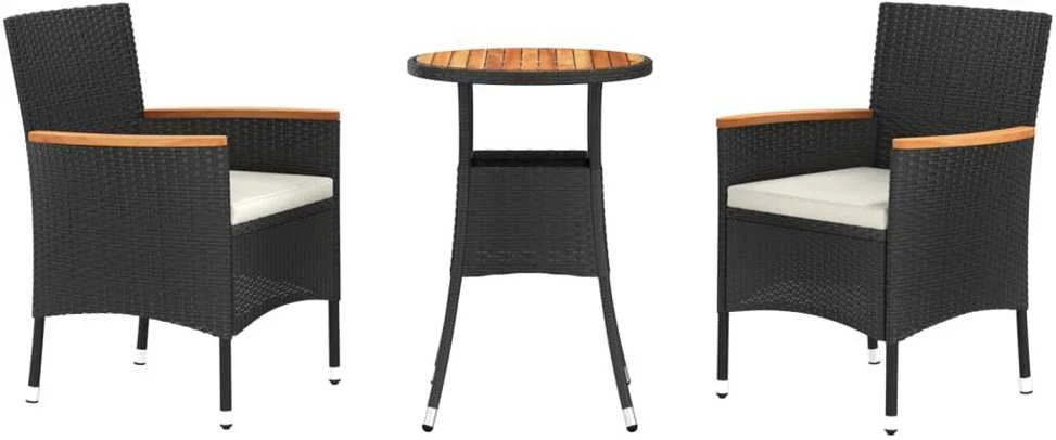 Bistro komplektas su pagalvėmis, 3 dalių, juodas, poliratanas