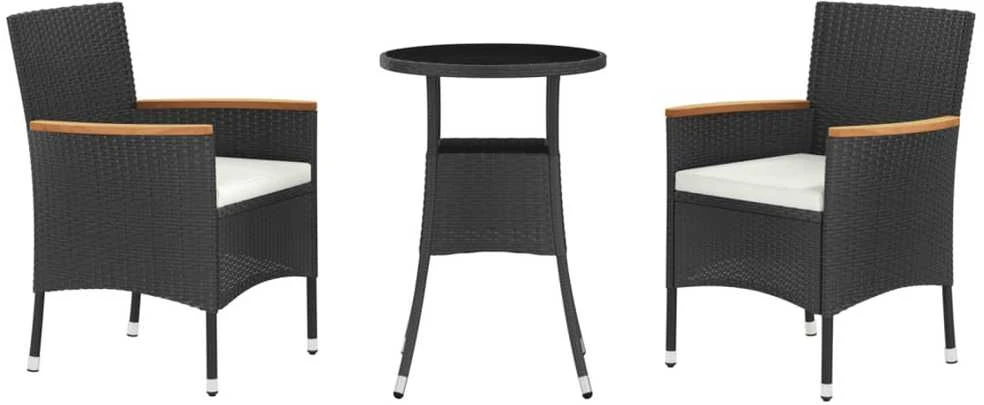 Lauko baldų komplektas Bistro komplektas su pagalvėmis, 3 dalių, juodas, poliratanas