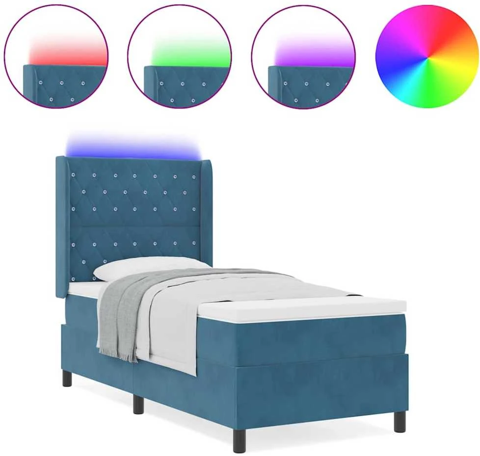Kiemas lova su čiužiniu su LED Mėlyna 90 x 190 cm Aksomas