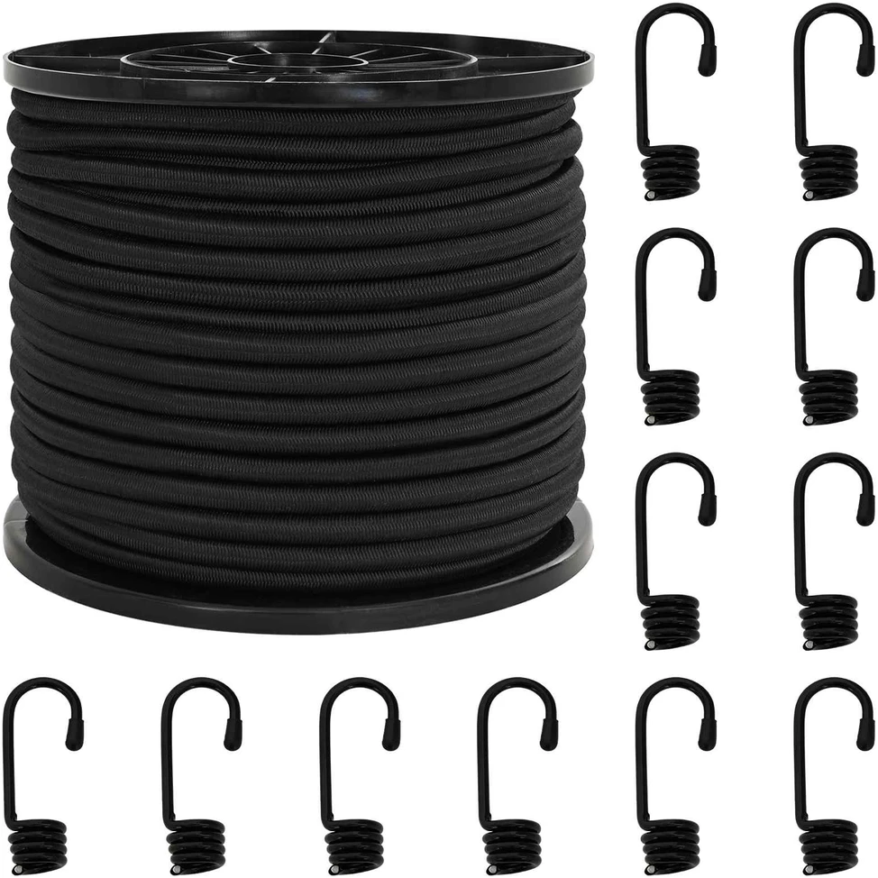 Bungee virvės su kabliukais 10 mm Juoda PP ir guma
