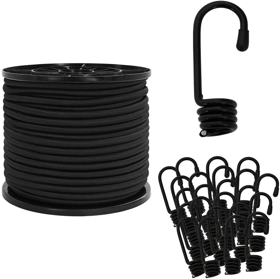 Bungee virvės su kabliukais 10 mm Juoda PP ir guma