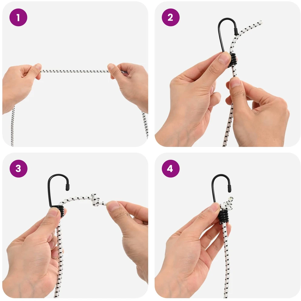 Bungee virvės su kabliukais 4 mm Juoda ir Balta PP ir guma