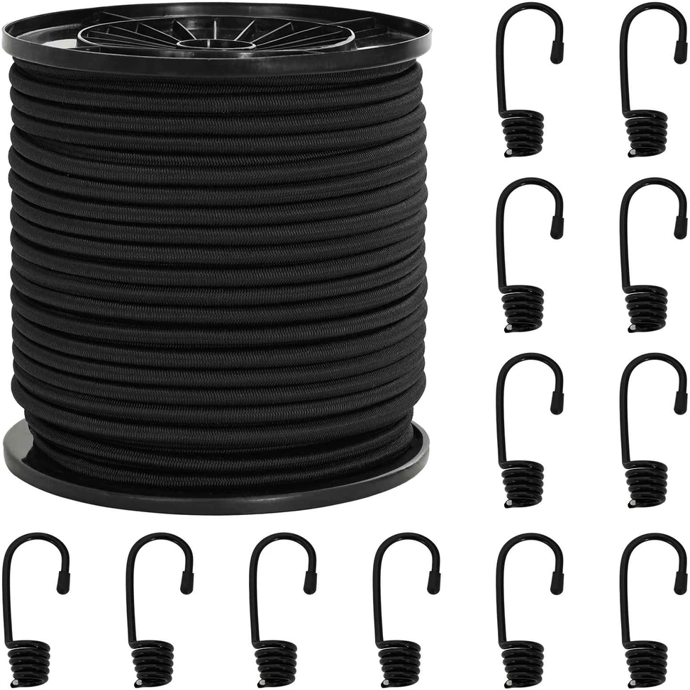 Bungee virvės su kabliukais 4 mm Juoda PP ir guma