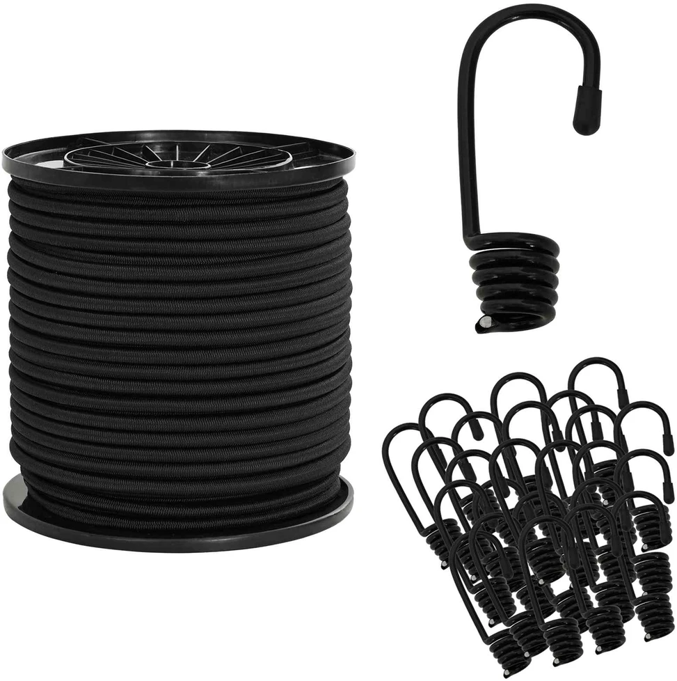 Bungee virvės su kabliukais 4 mm Juoda PP ir guma
