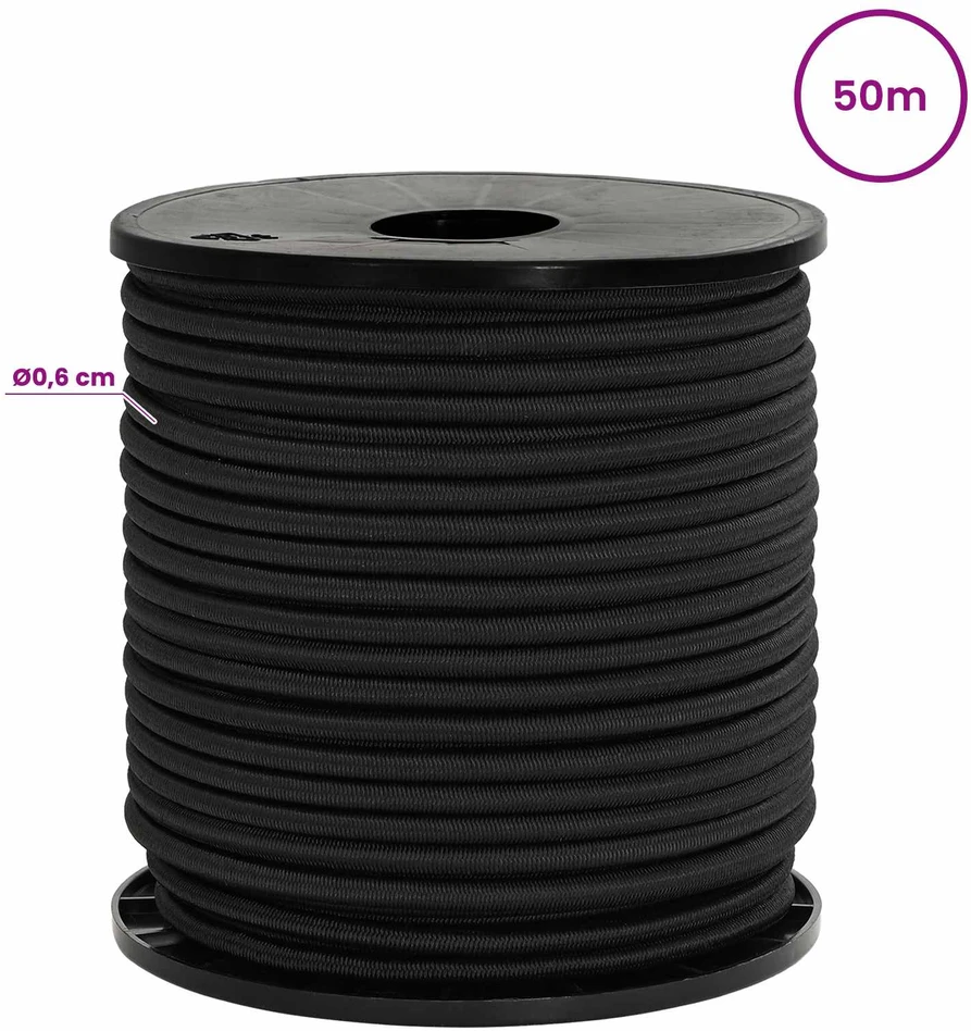 Bungee virvės su kabliukais 6 mm Juoda PP ir guma