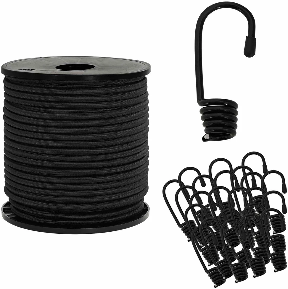 Bungee virvės su kabliukais 6 mm Juoda PP ir guma