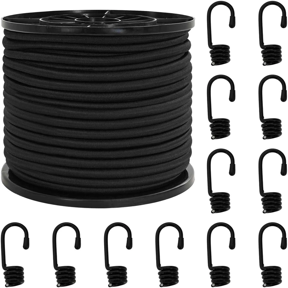 Bungee virvės su kabliukais 8 mm Juoda PP ir guma