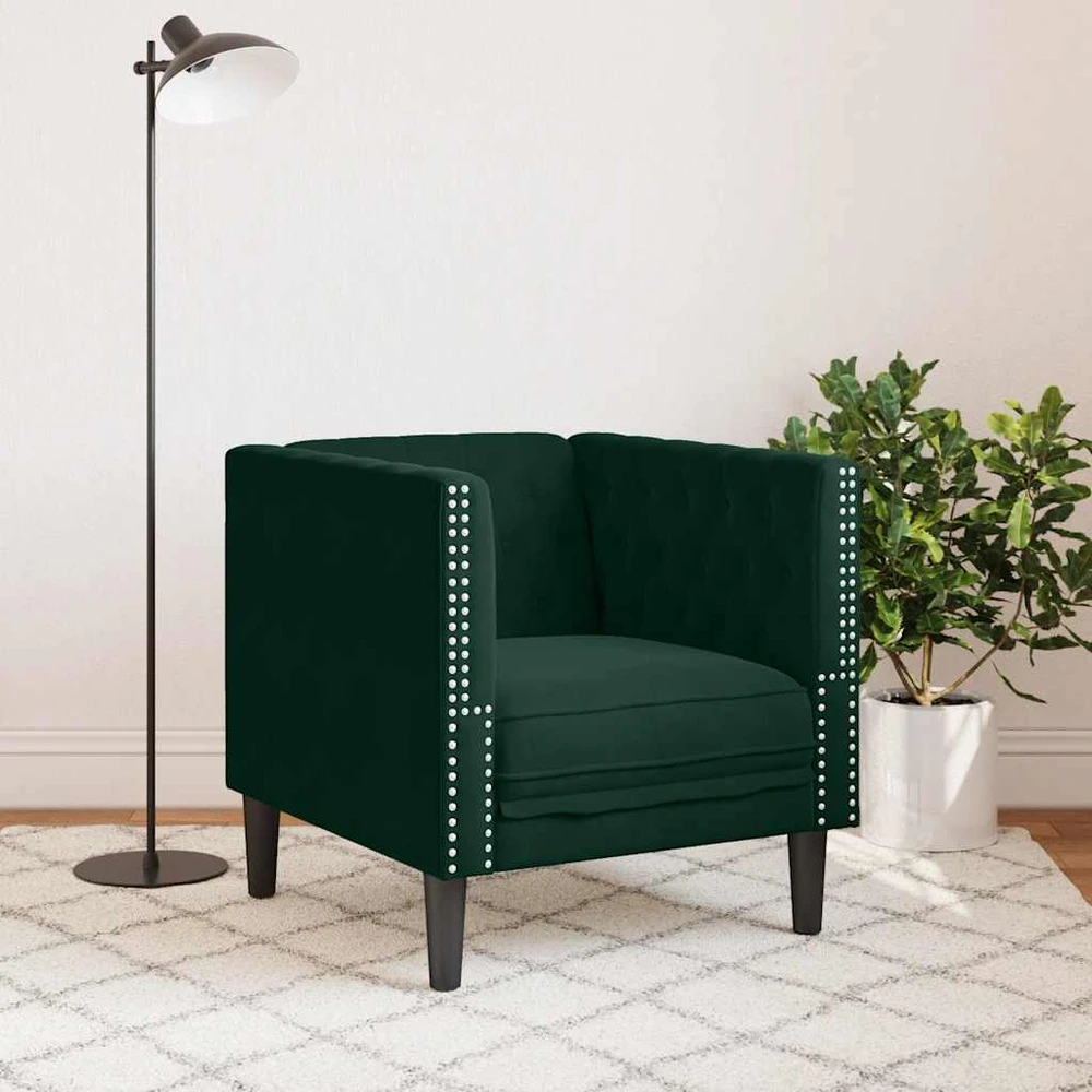 Česterfildo sofa-kėdė, tamsiai žalia, aksomas