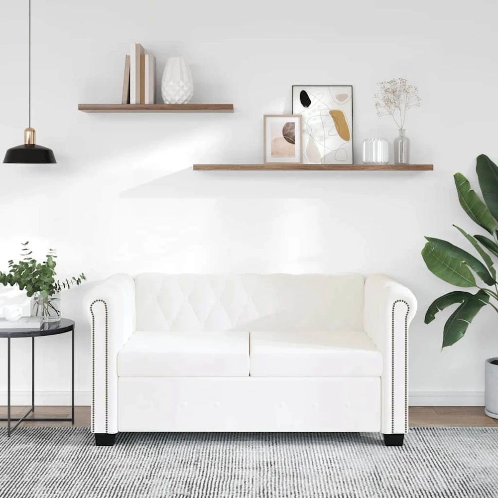 Chesterfield dvivietė sofa, dirbtinė oda, balta