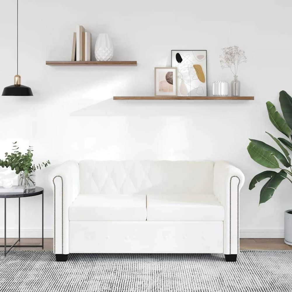 Chesterfield dvivietė sofa, dirbtinė oda, balta