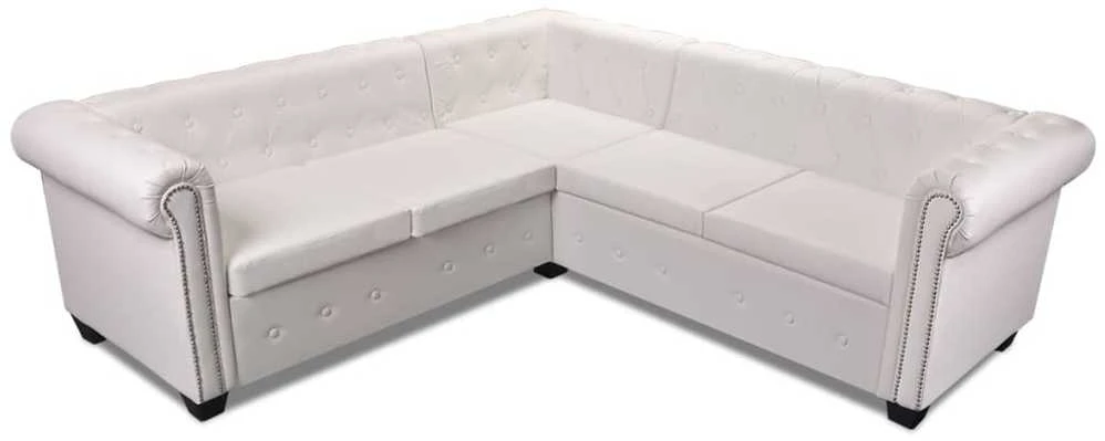 Chesterfield penkiavietė kampinė sofa, dirbtinė oda, balta
