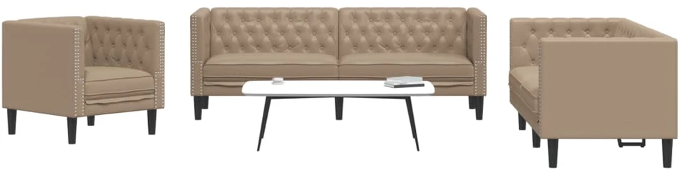 Sofa Chesterfield sofų komplektas, 3 dalių, kapučino, dirbtinė oda