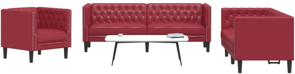 Sofa Chesterfield sofų komplektas, 3 dalių, raudonojo vyno spalvos