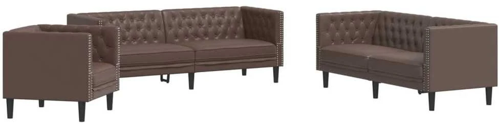 Sofa Chesterfield sofų komplektas, 3 dalių, rudas, dirbtinė oda