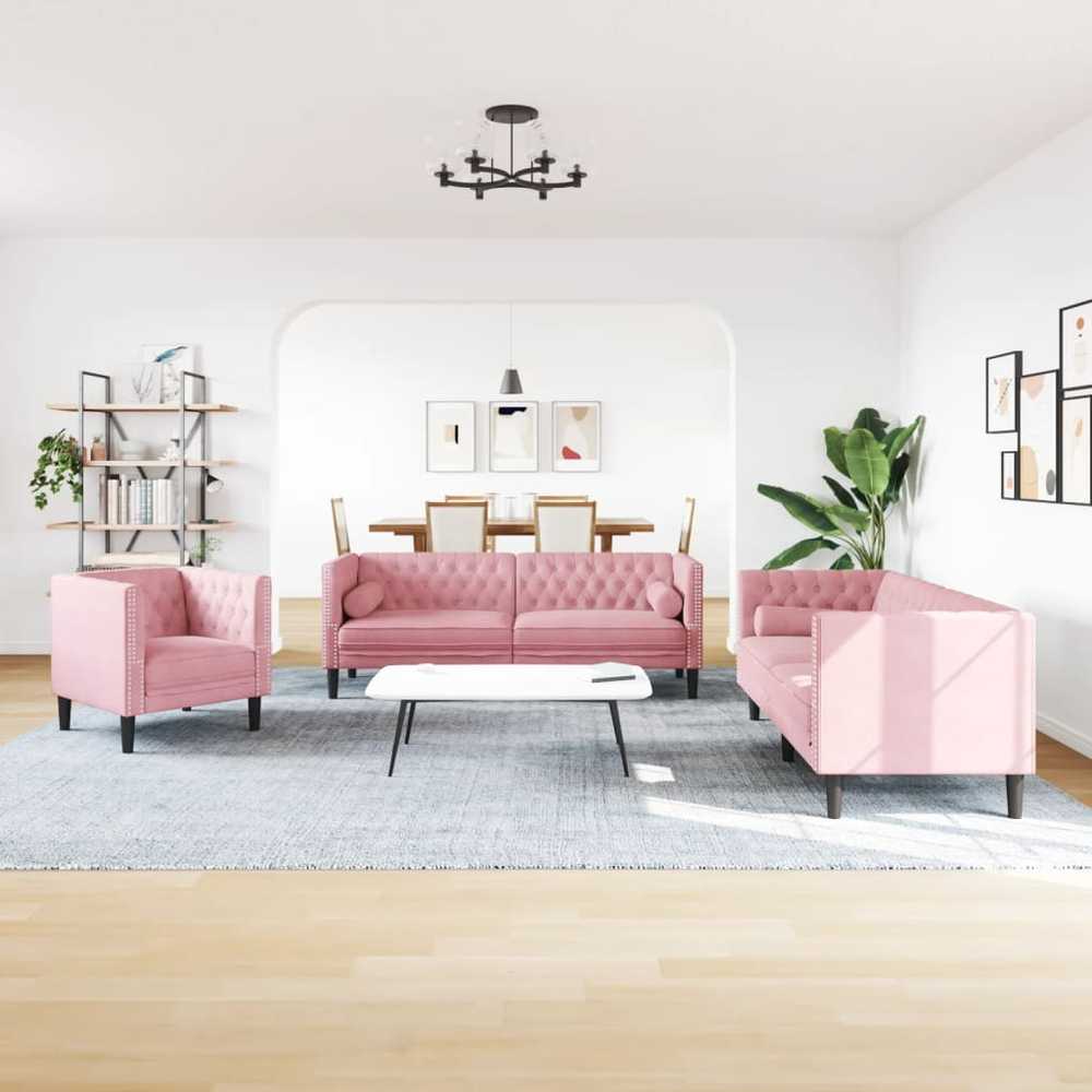 Sofa Chesterfield sofų komplektas su pagalvėlėmis, 3 dalių, rožinis