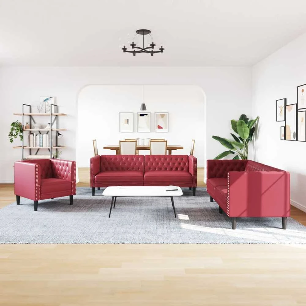 Sofa Chesterfield sofų komplektas su pagalvėlėmis, 3 dalių, raudona