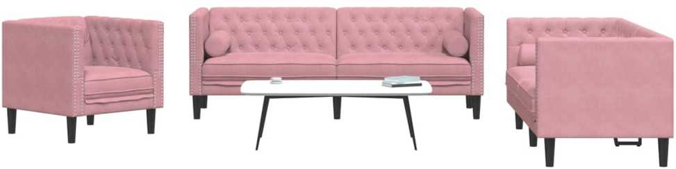 Sofa Chesterfield sofų komplektas su pagalvėlėmis, 3 dalių, rožinis
