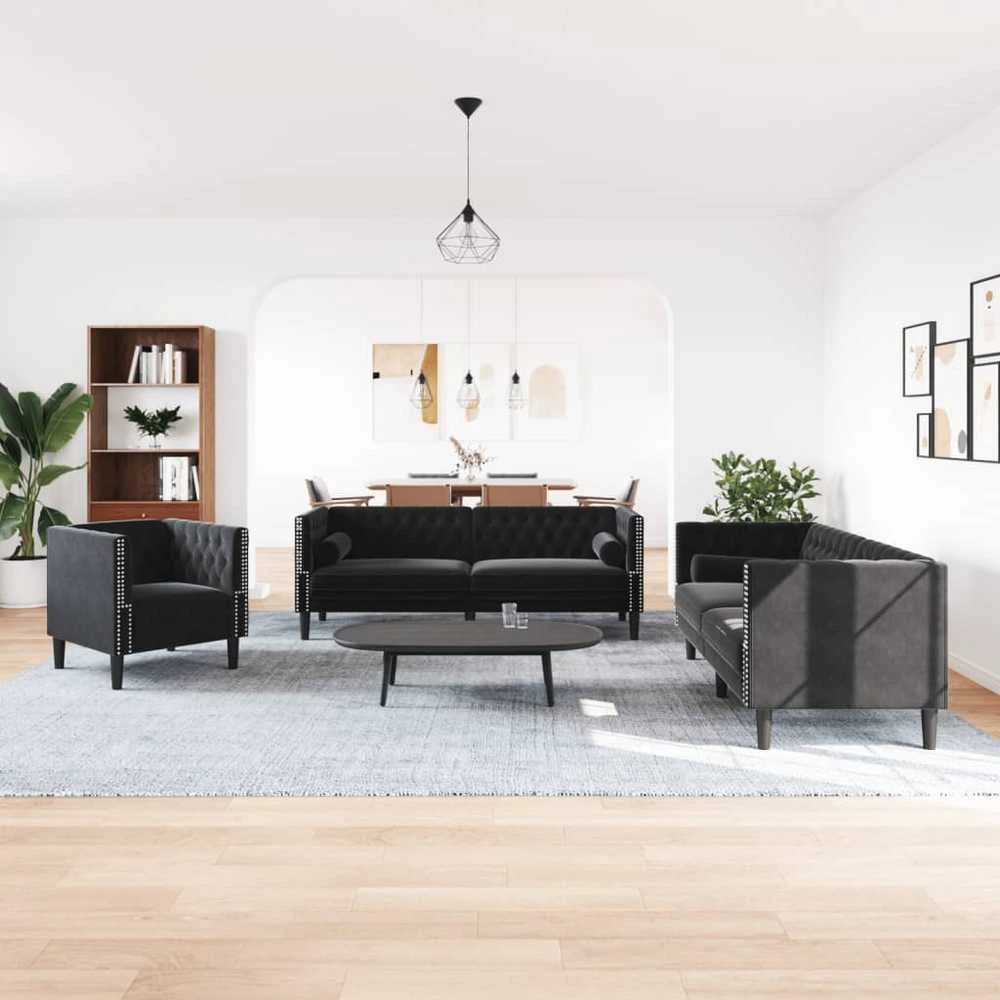 Sofa Chesterfield sofų komplektas su pagalvėlėmis, 3 dalių, juoda